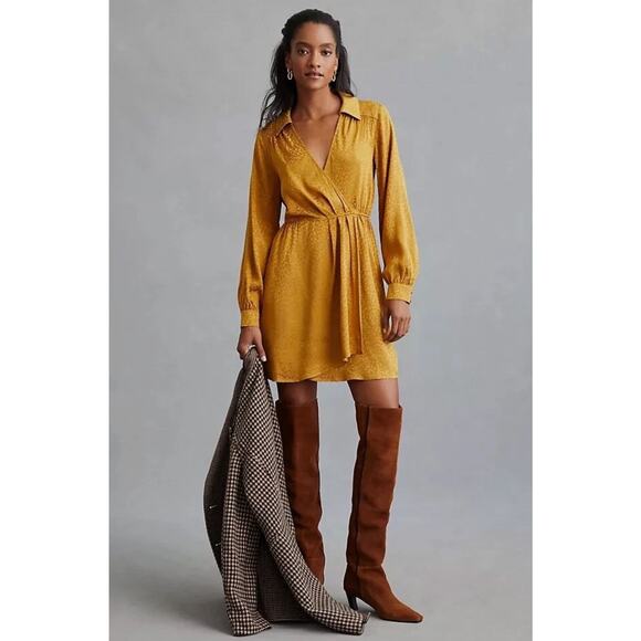Anthropologie Dresses & Skirts - Anthropologie Yellow Gold Metallic Leopard Long Sleeve Mini Dress Size Small